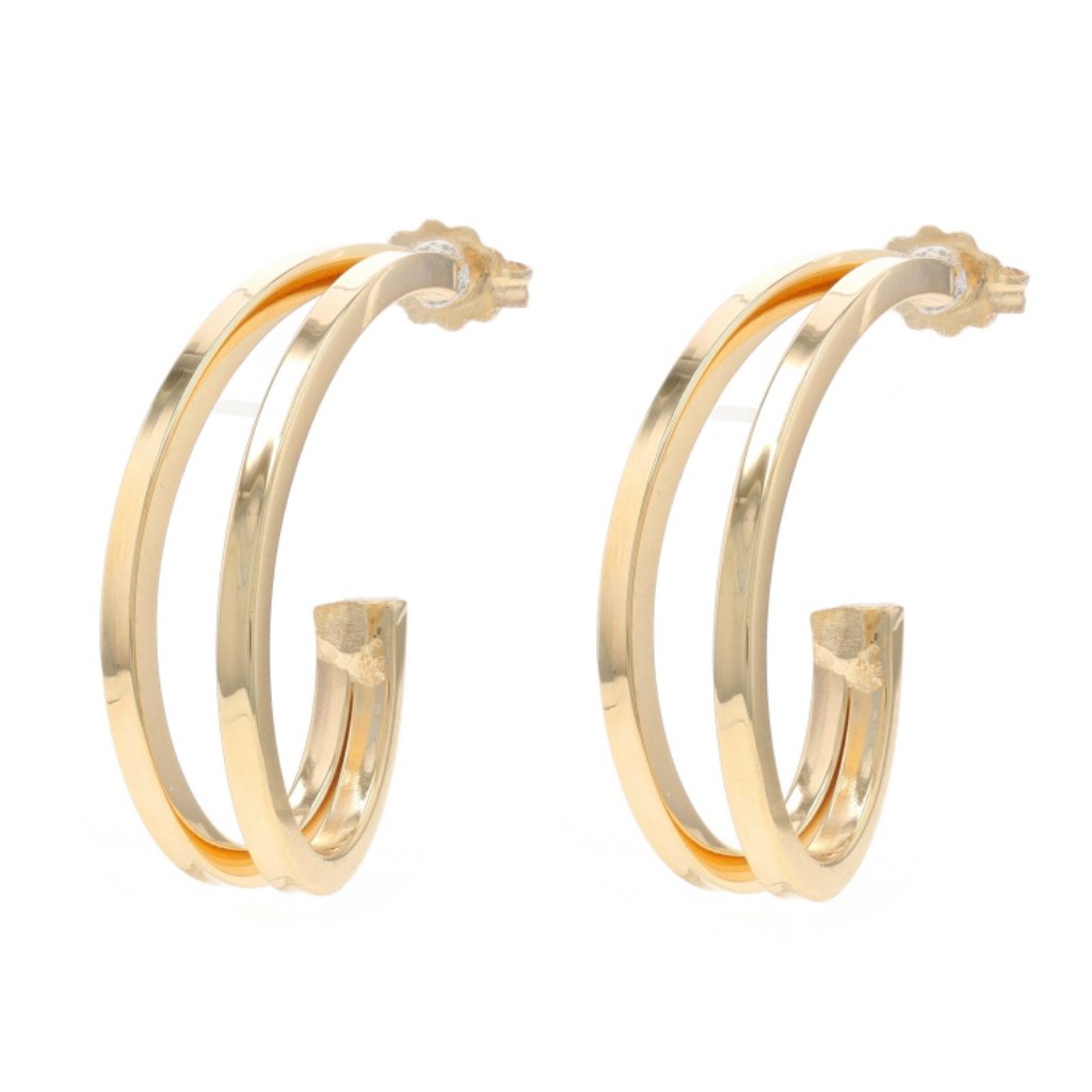 Yellow Gold Double Swirl J-Hoop Earrings - 14k Pierced